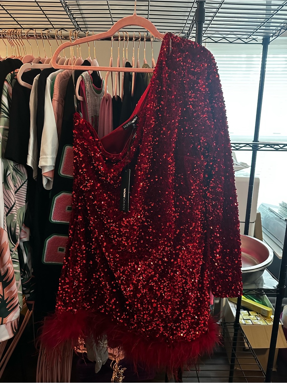 Fashion Nova One-Shoulder Red Sequin Mini Dress with Feather Hem